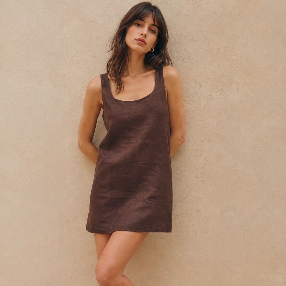 Reformation Linen Mini Dress Cafe Brown Sleeveless Shift Sz 10 NWT Hamley